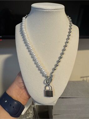 Pearl & Silver Ball Lock Pendant Necklace - Women Jewelry